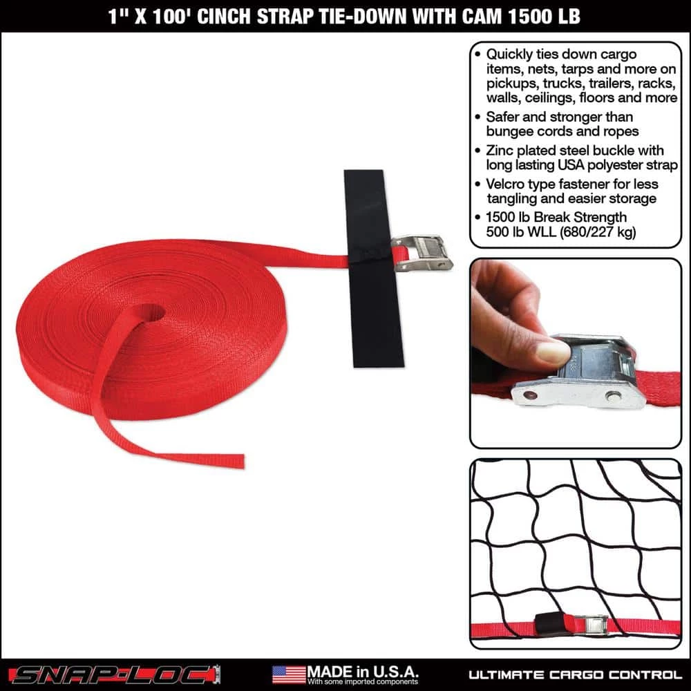 SNAP-LOC 100 ft. x 1 in. Cinch Strap with Hook and Loop Storage Fastener in Red - Image 2