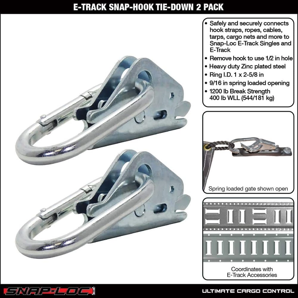 SNAP-LOC 1-1/2 x 3-1/8 Zinc-Plated Spring-Loaded Snap Hook to Connect Rope, Cable and Hook Straps to E-Tracks (2-Pack) - Image 2